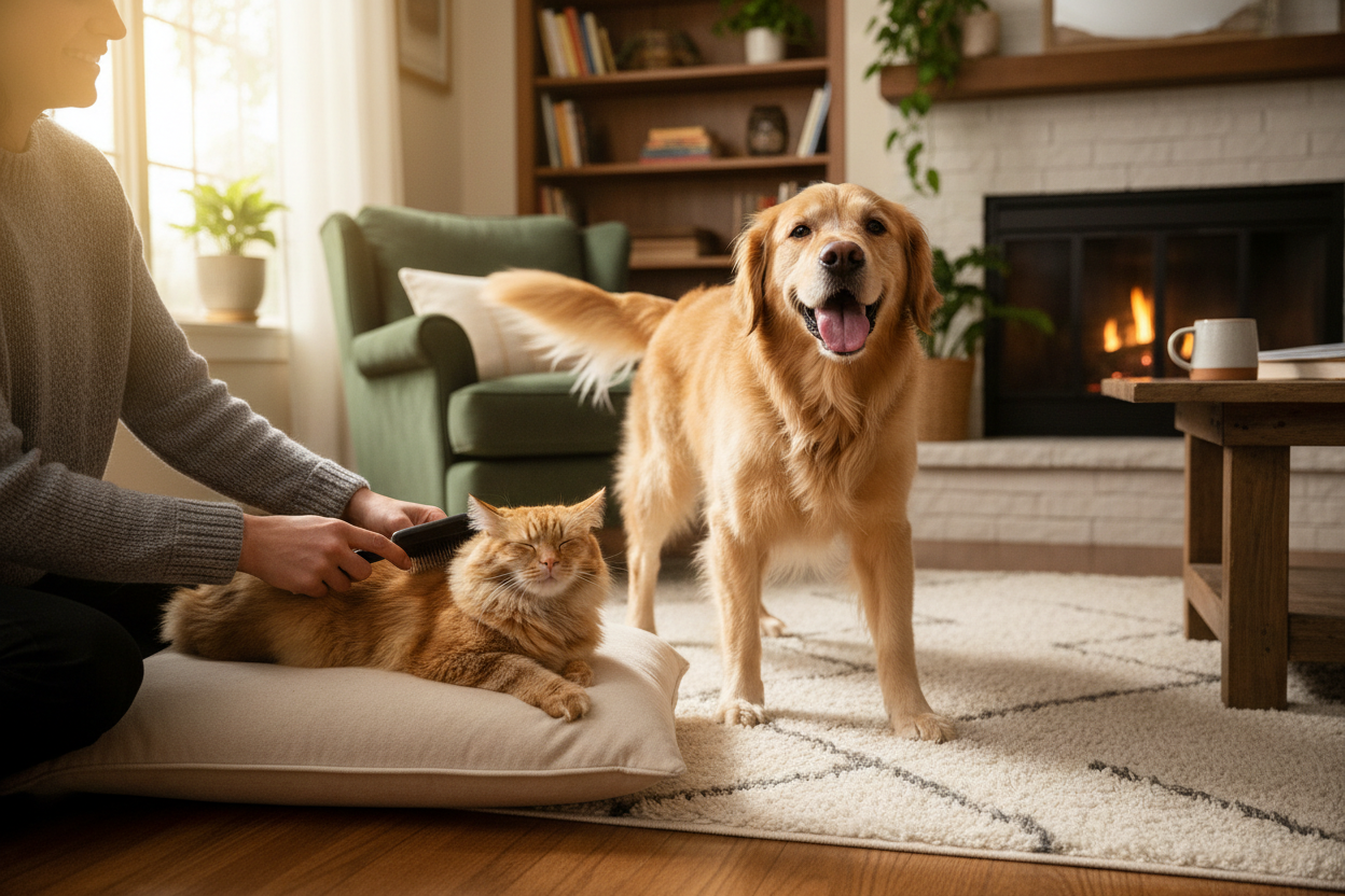 a happy cat and dog in a realistic living area enjoying their grooming session with the owner